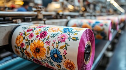digital garment printing machine producing vibrant floral fabric designs in textile factory.illustration