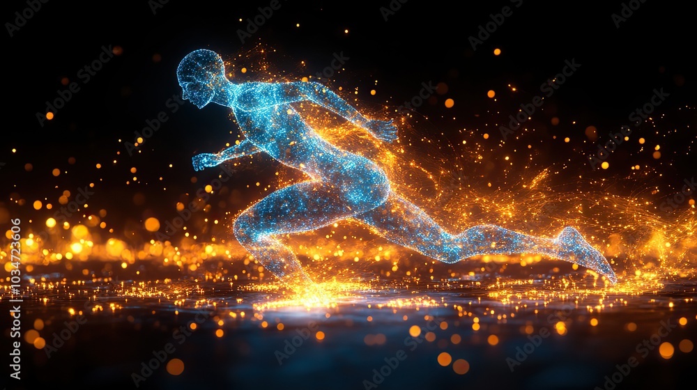 Poster digital human figure running symbolizing biohacking technology integration and human optimization.st