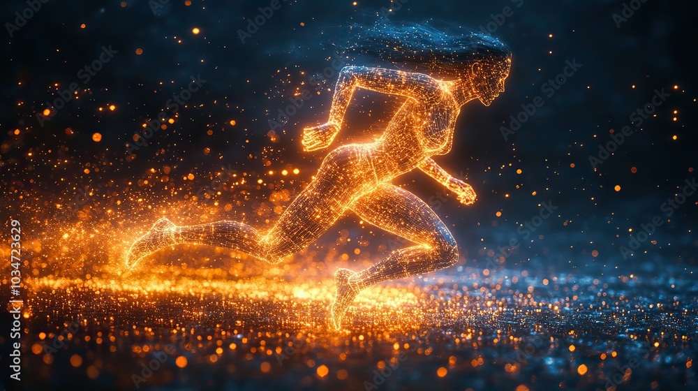 Poster digital human figure running symbolizing biohacking technology integration and human optimization