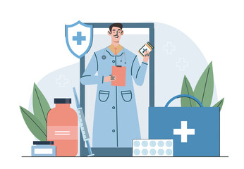 Online doctor consultation. Man in medical uniform on smartphone screen. Diagnosis and treatment. Healthcare worker at phone screen. Flat vector illustration isolated on white background