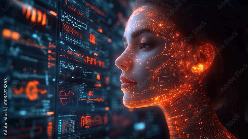 Poster digital human head with brain dat charts and ai elements symbolizing ai in healthcare for faster acc