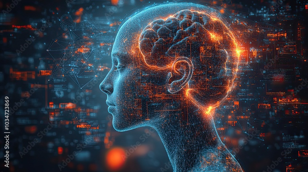 Poster digital human head with brain dat charts and ai elements symbolizing ai in healthcare for faster acc