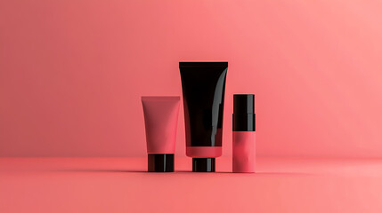 A set of pink and black skincare product packaging in a simple style, positioned on the right against a solid color background.