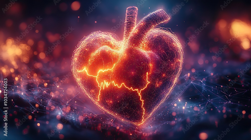 Poster digitalof heart with pulse lines symbolizing heart rate management and modern healthcare technology.