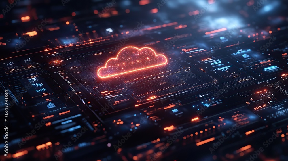 Poster digital interface with cloud icons and graphs representing cloud cost management and optimization