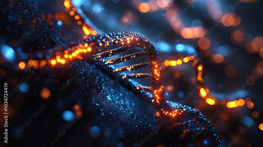 Poster digital representation of dn strands highlighting crispr gene editing technology.stock image