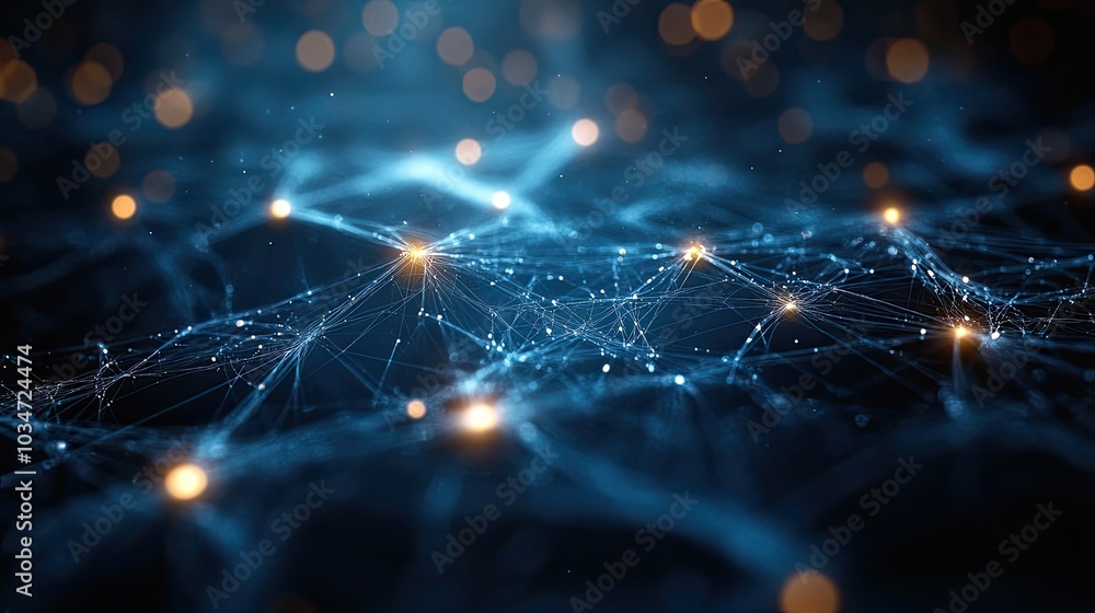 Poster digital representation of network nodes interconnected by lines symbolizing dat exchange and communi