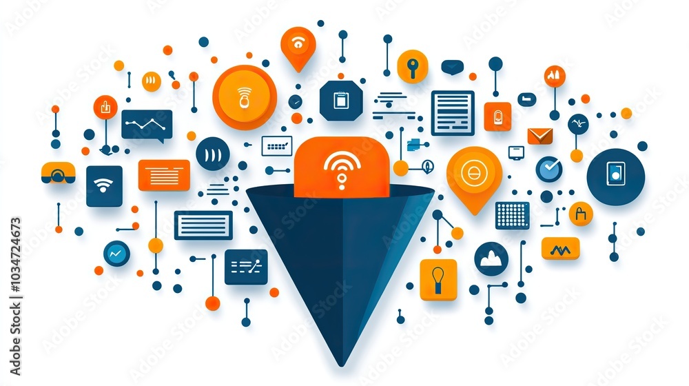 Poster digital transformation concept with dat collection funnel symbolizing the integration of technology 
