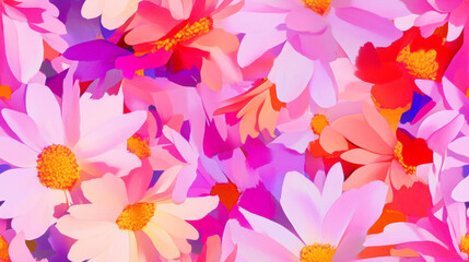 Obraz premium 3D flowers print and plants print in pink purple colored exotic seamless patchwork pattern. fashion trendy realistic blossom bloom background for fabric textile design wallpaper