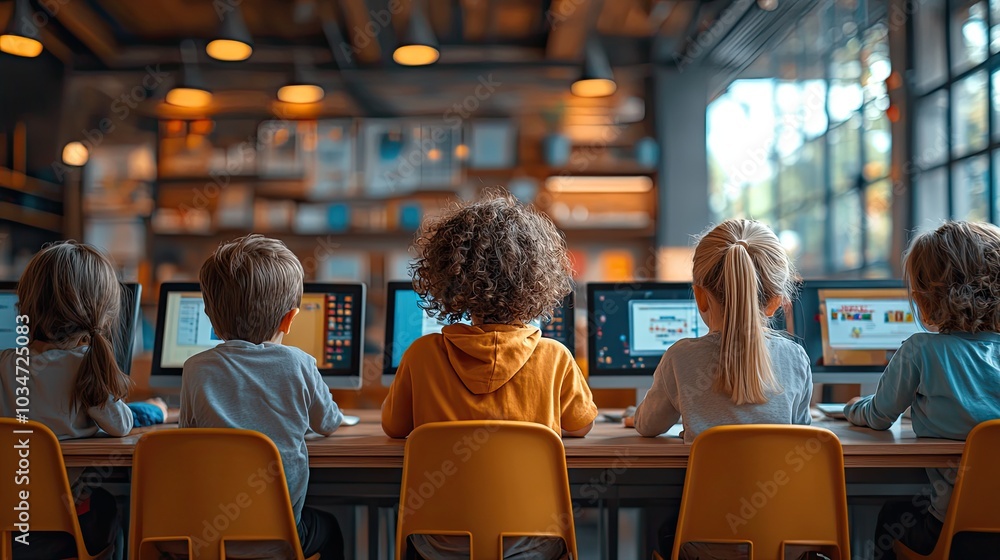 Poster diverse group of children engaged in learning with computers in modern classroom setting bright and 