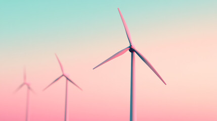 Three wind turbines against a pastel-colored sky, symbolizing renewable energy and sustainability, showcasing modern technology in harmony with nature.