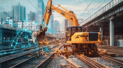 Smart railway construction incorporating AI-driven machinery and sensors for optimized project management.