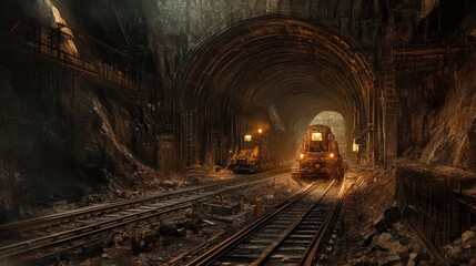 Naklejka premium Underground railway construction, with tunneling machines carving new pathways deep below the surface.