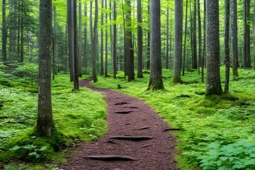Obraz premium Winding Forest Path Through Lush Green Undergrowth