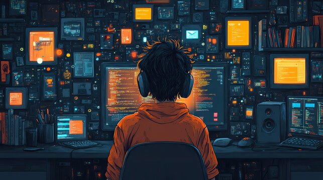 doodle styleof coding tutor concept featuring person in front of computer with floating objects around them symbolizing coding and programming elements