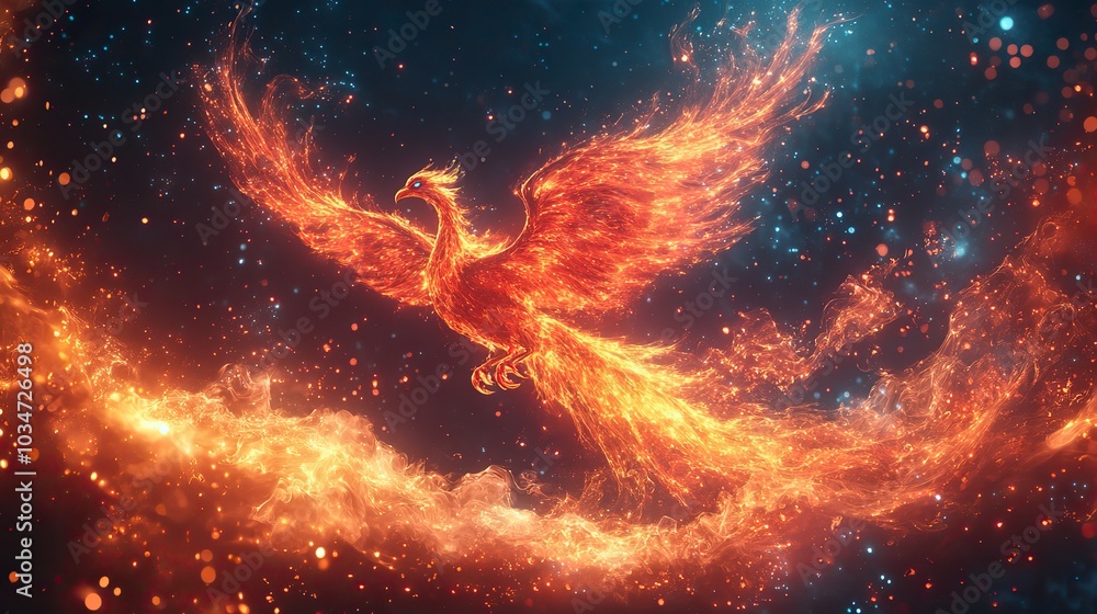 Poster dynamic phoenix coding framework concept with vibrant flying phoenixsymbolizing the rapid developmen