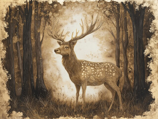 Noble Stag in Sepia and Gold Leaf Under Canopy of Trees