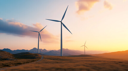 Fototapeta premium Wind turbines in a serene landscape during sunset, showcasing renewable energy and nature's beauty.