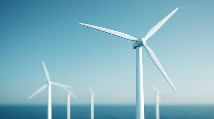 Fototapeta premium Wind turbines on the ocean shore harnessing renewable energy against a clear blue sky, symbolizing sustainability and eco-friendly technology.