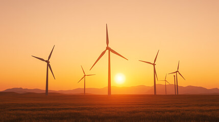 Obraz premium Wind turbines silhouetted against a beautiful sunset, illustrating renewable energy and sustainable practices in the countryside.