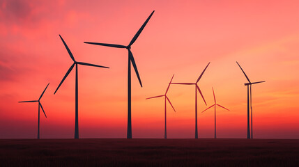 Fototapeta premium Wind turbines silhouetted against a vibrant sunset sky, creating a beautiful contrast with shades of orange and purple, symbolizing clean energy.