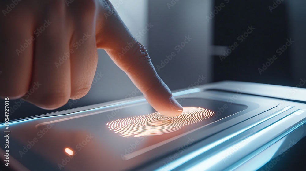 Poster a close-up view of a hand using a biometric fingerprint scanner, showcasing the intricate fingerprin