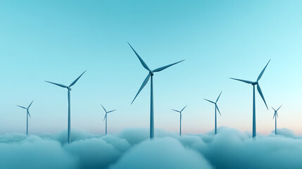 Wind turbines standing elegantly above a sea of clouds, showcasing renewable energy in a serene and vibrant blue sky landscape.