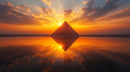 An abstract pyramid, mirrored in a glassy lake, bathed in the orange glow of a golden sunset, framed by thick clouds, calm and dreamy