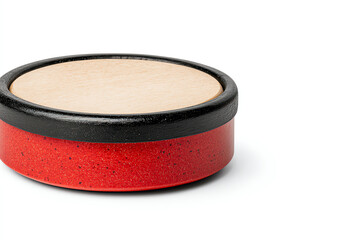 Round red and black container with wooden lid