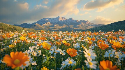 Fototapeta premium Beautiful Mountain Meadow with Wildflowers and Snowy Peaks at Sunset