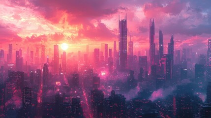 Fototapeta premium Pink sunset over futuristic city skyline.