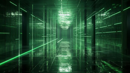 An ominous futuristic hall with glossy, reflective surfaces, green lights casting shadows and reflections, creating an eerie, maze-like illusion
