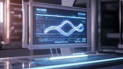 Futuristic lab showcasing a holographic DNA sequence floating above a sleek touchscreen interface