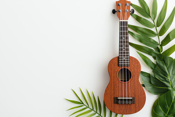 Ukulele, green leaves, white isolate background