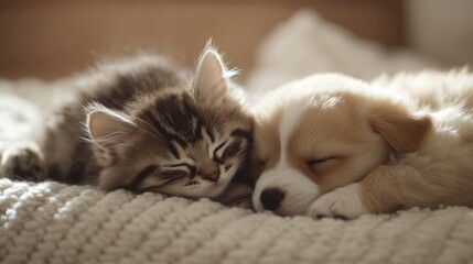 Sleeping kitten and puppy on blanket.