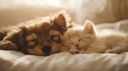 A puppy and a kitten sleep soundly on a white