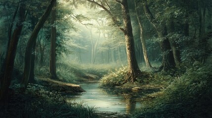 Fototapeta premium Oil painting depicting a serene forest landscape with natural scenery