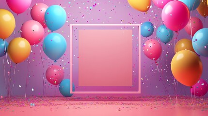 Colorful balloons surrounding a blank frame on a festive backdrop.