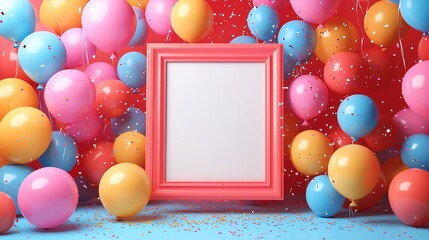 Colorful balloons surrounding a blank frame on a vibrant background.