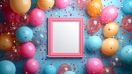 Colorful balloons surrounding a blank picture frame on a bright blue background.