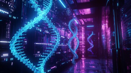 3D holographic projection of DNA, highlighting mutations and genetic editing tools in a futuristic lab