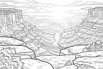 Obraz premium Coloring book illustration of a scenic view catching morning sunlight on a frigid subzero day with the rising sun illuminating a canyon landscape