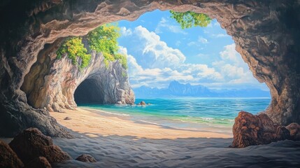 Oil painting depicting a natural summer beach cave vertical image showcasing a serene coastal scene with a beautiful cave by the water s edge