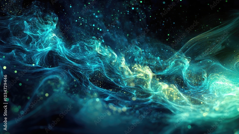 Poster glittering abstract texture featuring blue and green sparks fantasy fractal composition created thro