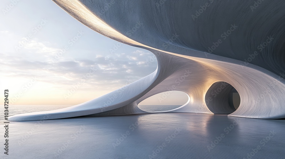 Poster futuristic abstract architecture featuring wavy designs and a concrete floor in a 3d rendering