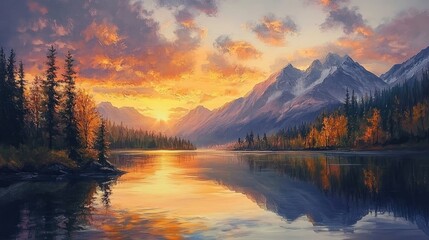 Fototapeta premium Oil painting depicting a stunning autumn sunrise over a tranquil lake showcasing the breathtaking beauty of the surrounding alpine landscape and the essence of morning solitude in nature