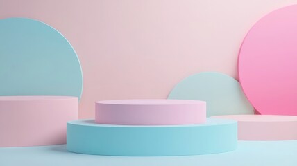 Pastel Pink and Blue Cylindrical Display Stand with Circular Backgrounds