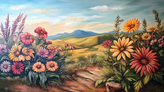 Oil painting featuring Venidium Cape daisy Land daisy and Arctotis plants in bloom