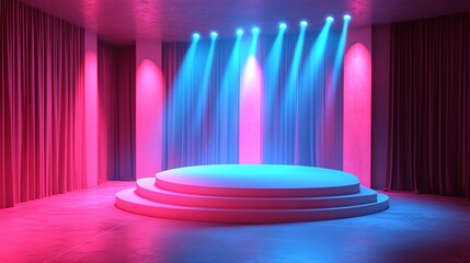 Colorful stage with lights and curtains for performances, isolated background.