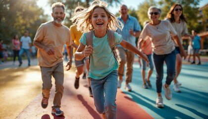 Energetic Group Running Together in a Sunlit Park